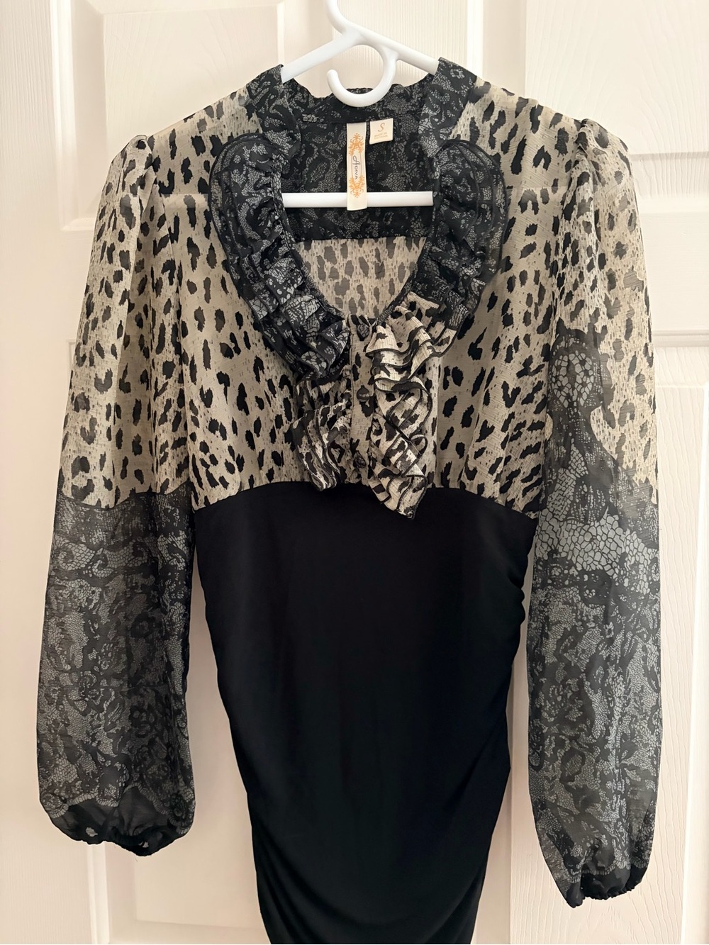 Adiva Black and Ivory Animal Print Ruffle Neck Blouse